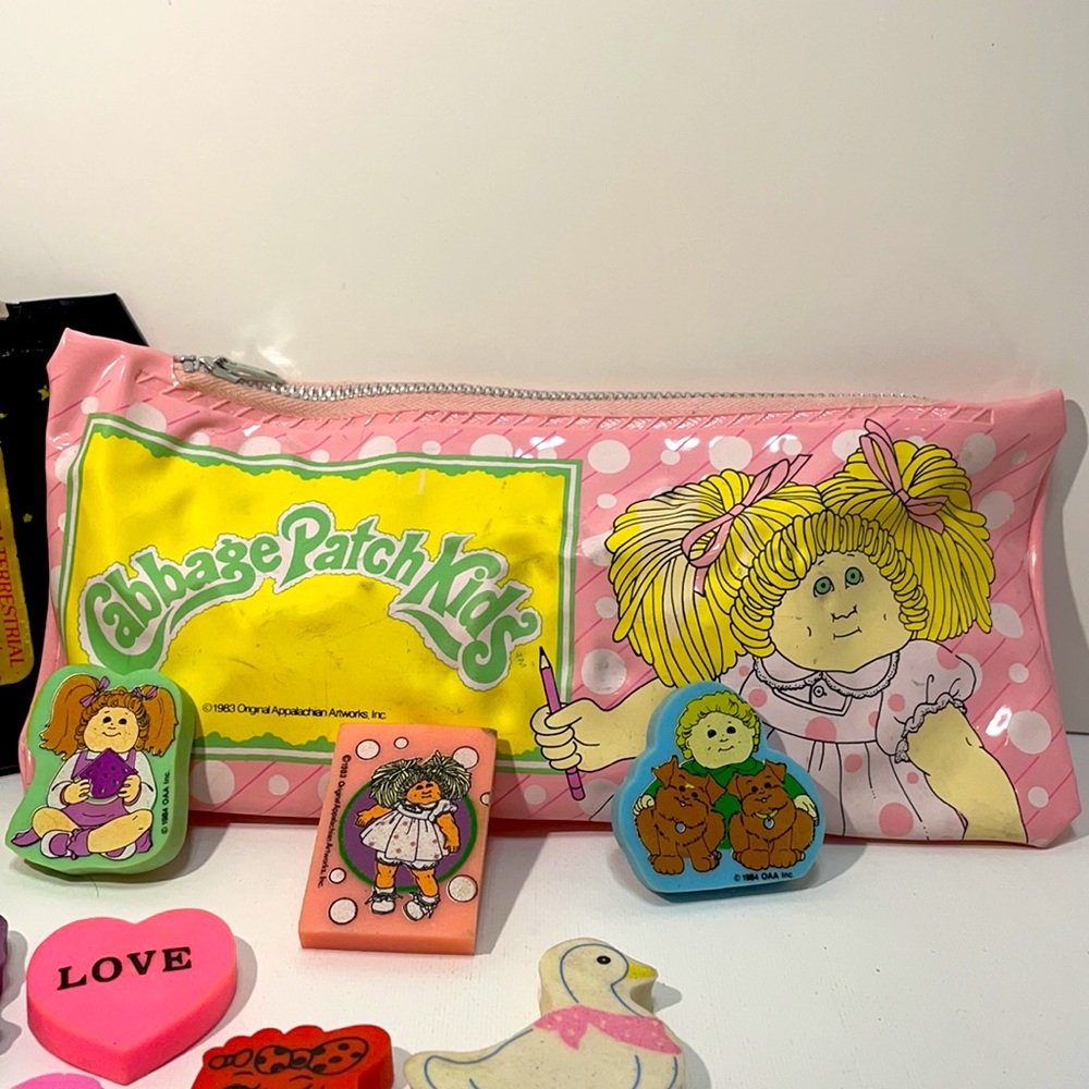 1980's Pencil and Eraser Bag and Erasers!  E.T. and  Cabbage Patch Kids!